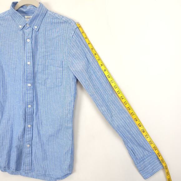 Old Navy Oxford Button Down Shirt Linen Blend Slim Fit Men S Stripe White Blue - Picture 7 of 11